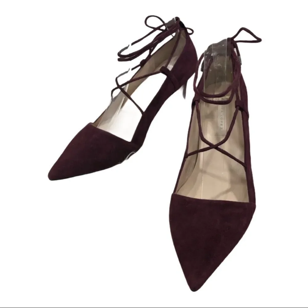 PURA‎ LOPEZ -MAROON ANKLE TIE SUEDE PUMPS HEELS S4